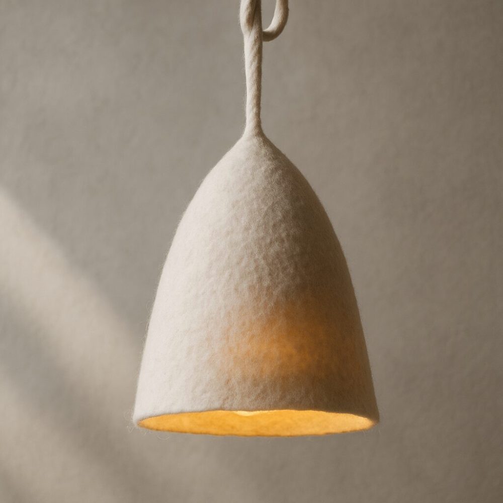Side view of the suspended boiled-wool lamp with sculptural woolen cord against a neutral plastered wall.