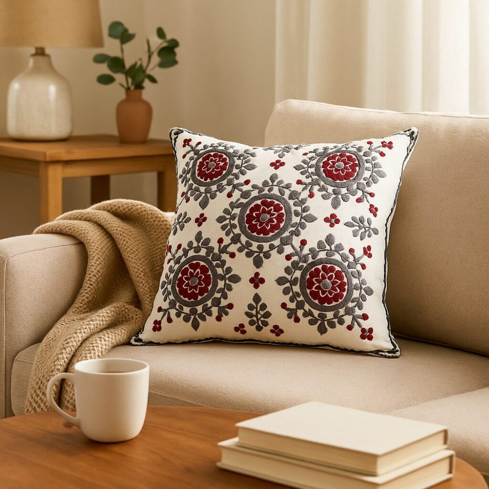Silk-embroidered pillowcase styling a beige sofa with cozy throw and mug.