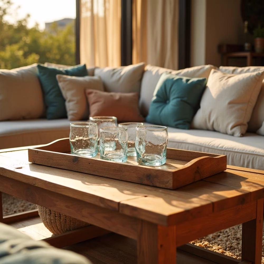 Six recycled glass tumblers styled on a wooden tray in a sun-filled living room.