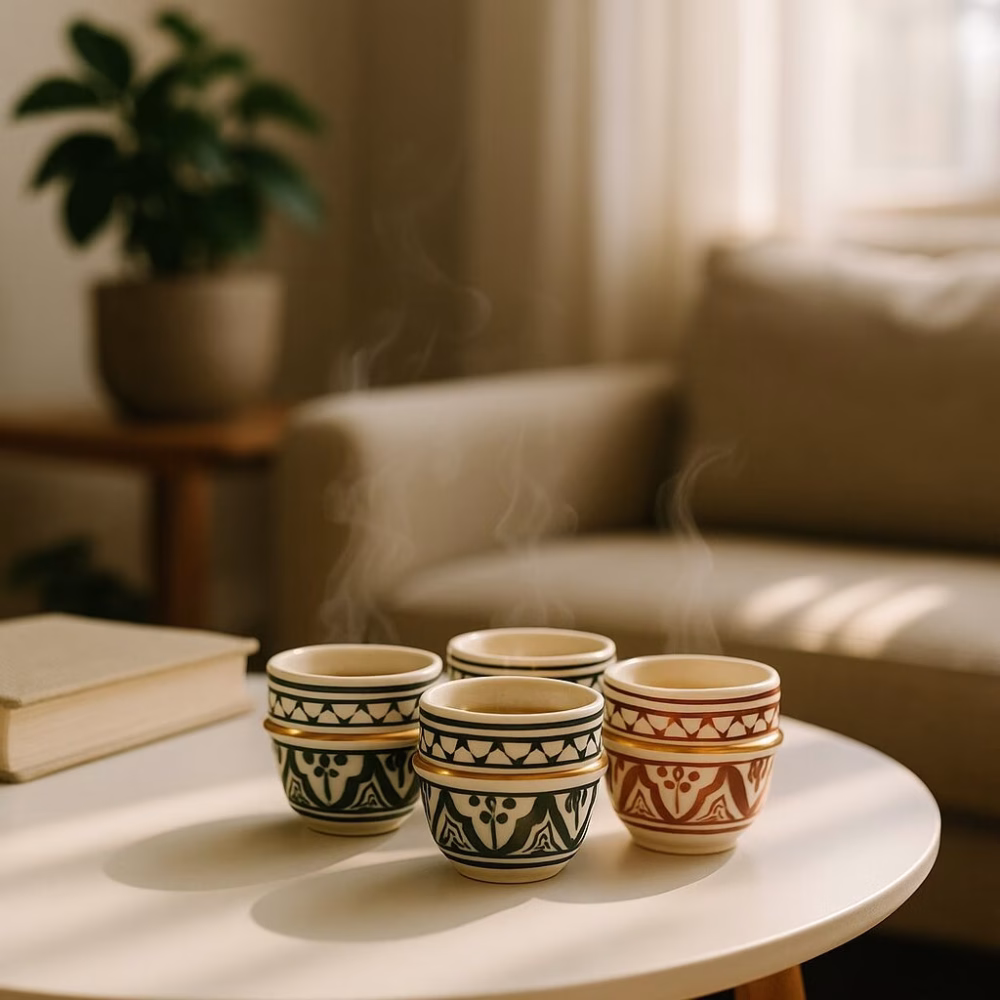 Steam gently rises from six Moroccan espresso cups arranged on a round coffee table in a sun-lit living room.