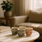 Steam gently rises from six Moroccan espresso cups arranged on a round coffee table in a sun-lit living room.