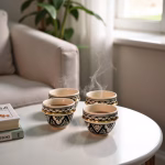 Steam rises from black-and-gold Moroccan espresso cups on a white coffee table beside sofa.