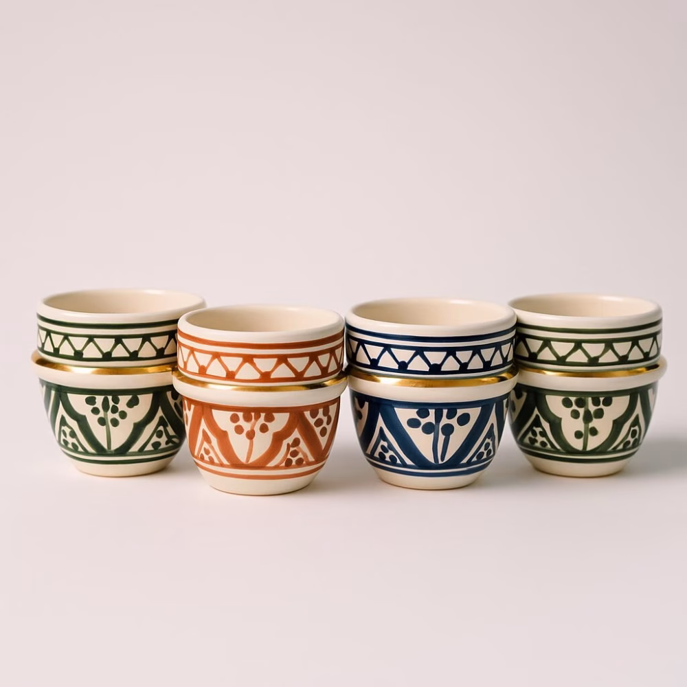 Studio lineup of six hand-painted espresso cups—green, terracotta, navy, and ivory—with 24-k gold bands against a blush backdrop.