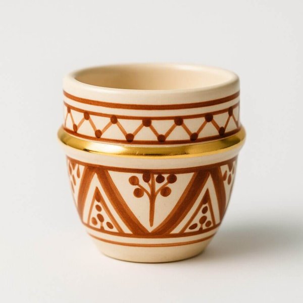 Studio shot of Moroccan espresso cup— terracotta patterns with gold bands— on a glossy white surface, reflected below.