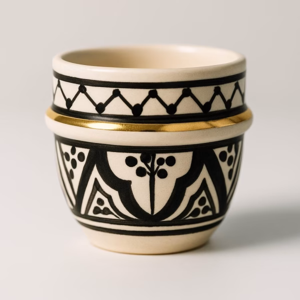 Studio shot of Moroccan espresso cup—black patterns with gold bands—on a glossy white surface, reflected below.