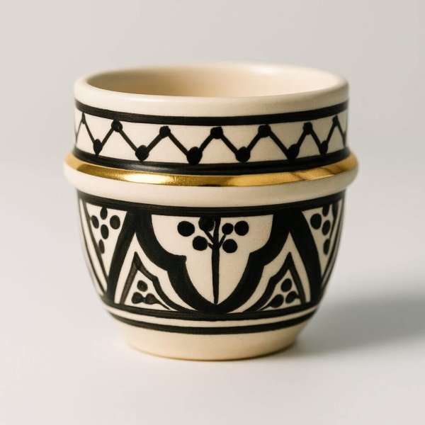 Studio shot of Moroccan espresso cup—black patterns with gold bands—on a glossy white surface, reflected below.
