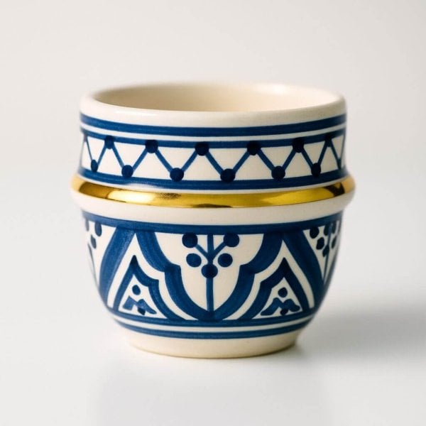 Studio shot of Moroccan espresso cup—blue patterns with gold bands—on a glossy white surface, reflected below.