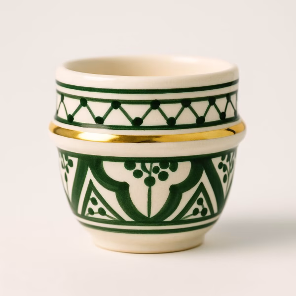 Studio shot of Moroccan espresso cup—green patterns with gold bands—on a glossy white surface, reflected below.