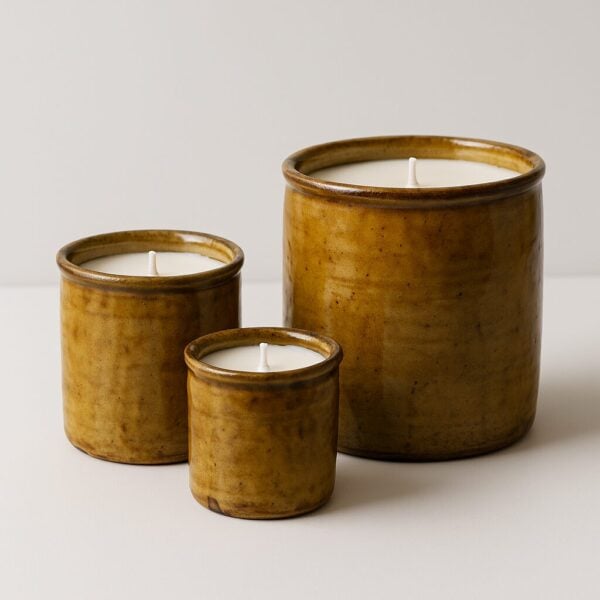 Studio shot of brown pottery candles set showing glaze variation and hand-poured wax levels.