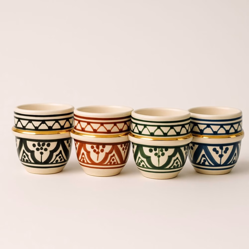 Studio shot of four assorted Moroccan espresso cups—black, green, blue and terracotta patterns with gold bands—clustered on a glossy white surface, reflected below.