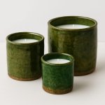 Artisan green ceramic candle set in three sizes featuring authentic Tamegroute pottery glaze finish