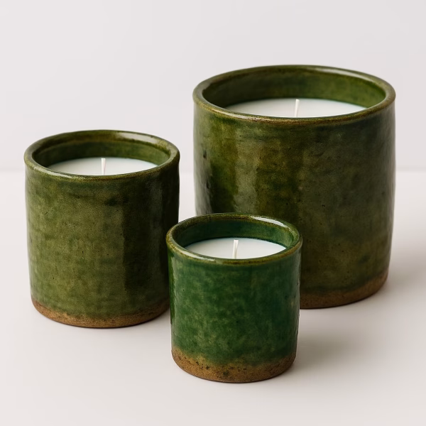 Studio shot of green pottery candles set highlighting subtle glaze gradients and natural clay base.