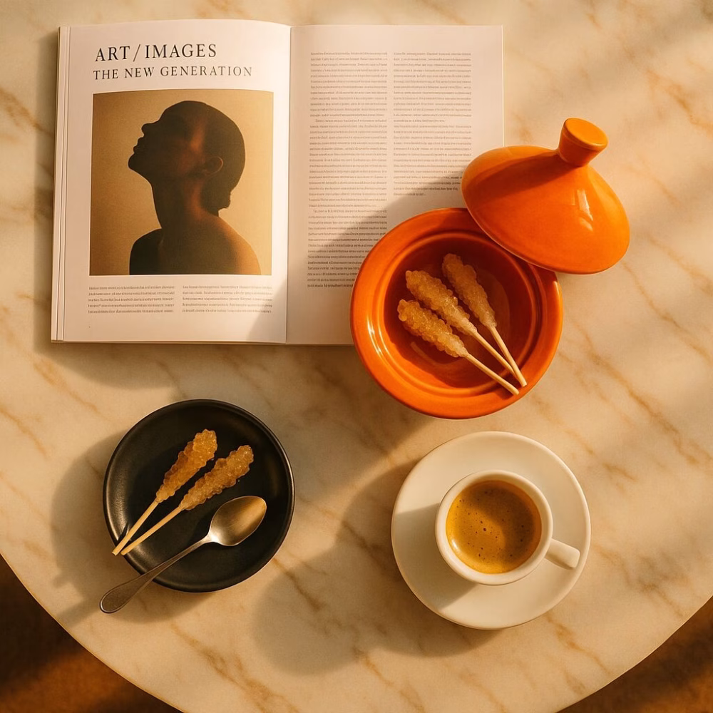 Sunny breakfast scene featuring an orange mini tagine filled with rock-candy sticks beside an espresso and an open art magazine on a marble table.
