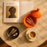 Orange ceramic mini tagine set serving honey sticks with coffee and magazine on marble table