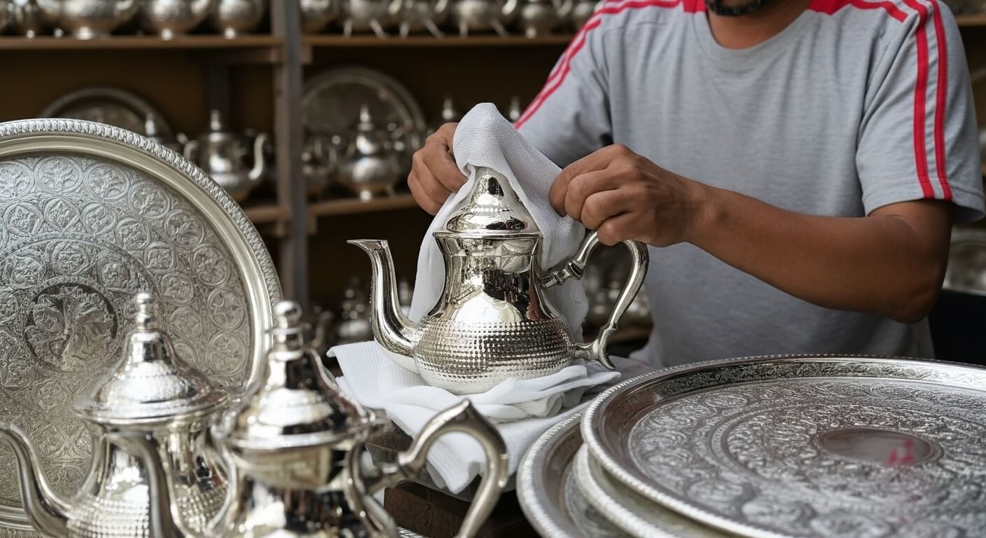 Kamal’s Silver Shine: A Moroccan Artisan’s Journey to Joy Through Craft Kamal, a Moroccan artisan, carefully wrapping a silver teapot in cloth and preparing it for international shipping.