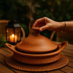 Terracotta tagine pottery gently steaming under candle-lit lantern in garden setting.