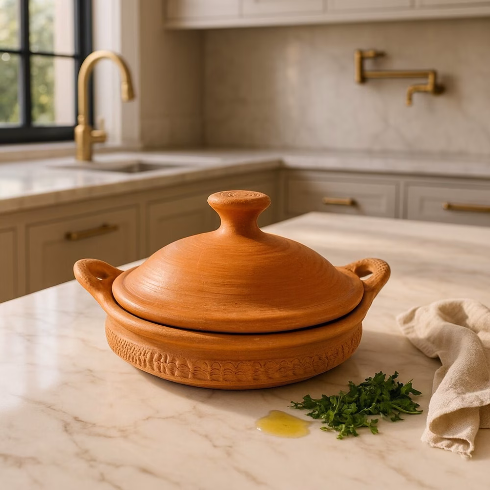 Terracotta tagine resting on marble countertop in modern kitchen with herbs beside it.