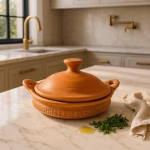 Terracotta tagine resting on marble countertop in modern kitchen with herbs beside it.