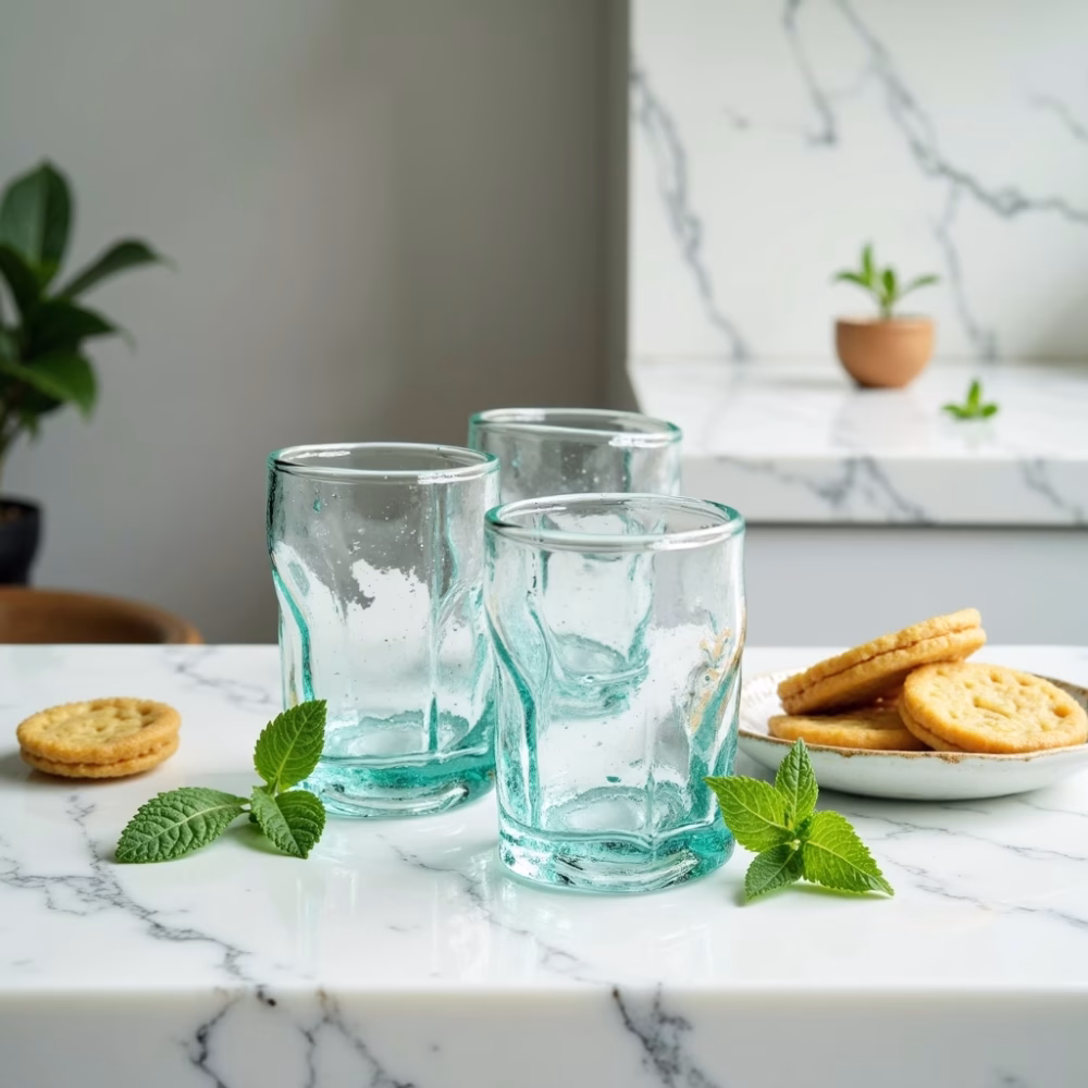 Three hand-blown Moroccan recycled glass tea glasses on white marble countertop with mint leaves and cookies.