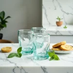 Set of recycled glass tea tumblers displayed on wooden tray in bright living room with natural sunlight