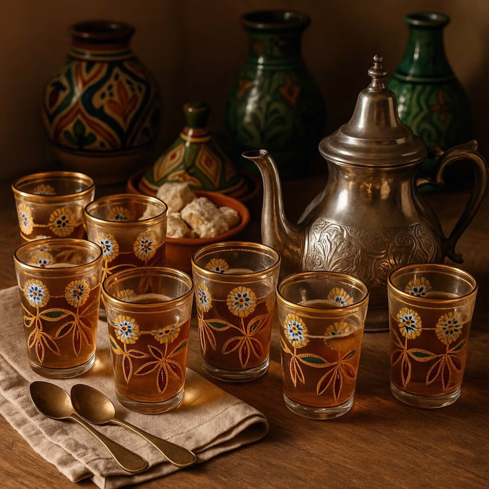 Traditional Moroccan tea ceremony with silver teapot, sweets, and floral tea glasses filled with amber mint tea.
