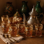 Traditional Moroccan tea ceremony with silver teapot, sweets, and floral tea glasses filled with amber mint tea.