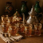 Hand-painted tea glasses with Moroccan floral design displayed with silver teapot and traditional ceramic vases