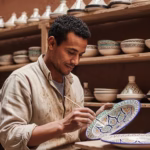 Jamal, a Moroccan ceramic artisan, painting an intricate geometric design on a traditional plate in his Marrakech workshop.