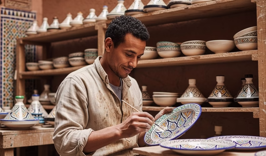 Jamal, a Moroccan ceramic artisan, painting an intricate geometric design on a traditional plate in his Marrakech workshop.