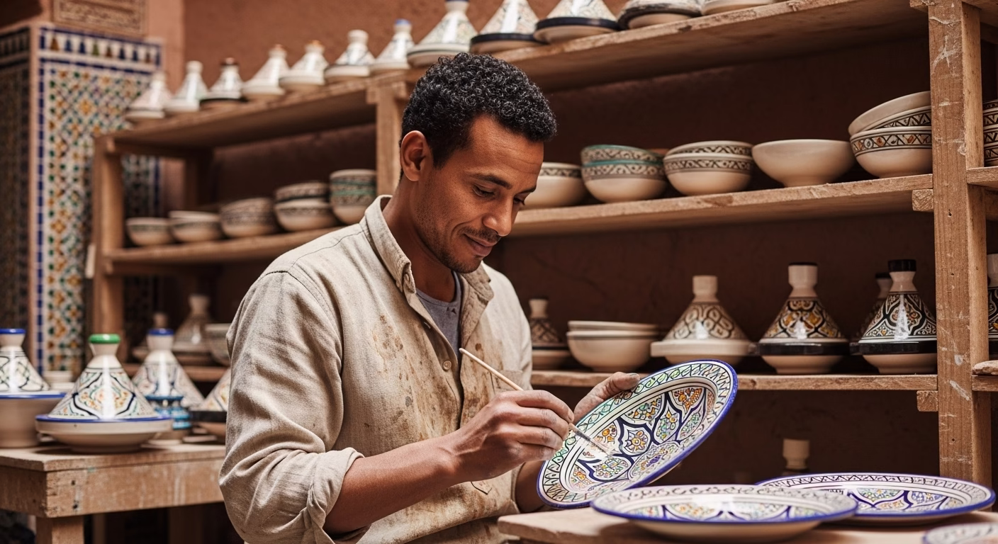 Jamal, a Moroccan ceramic artisan, painting an intricate geometric design on a traditional plate in his Marrakech workshop.