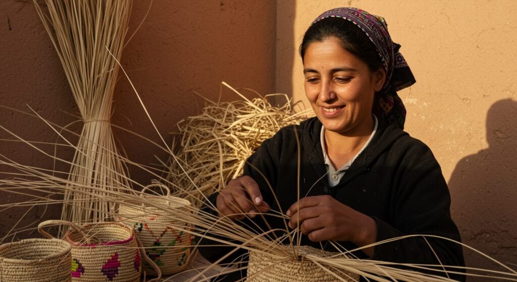 Smiling Moroccan straw artisan weaving raffia basket in sunlit workshop, straw stacks behind her.
