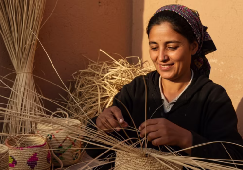 Smiling Moroccan straw artisan weaving raffia basket in sunlit workshop, straw stacks behind her.