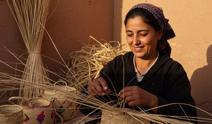 Smiling Moroccan straw artisan weaving raffia basket in sunlit workshop, straw stacks behind her.
