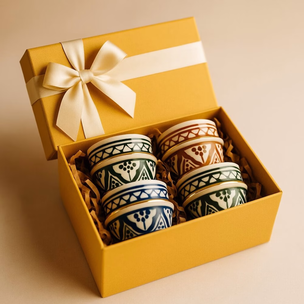 Yellow gift box with satin bow opened to reveal six Moroccan espresso cups nestled in kraft filling, ready for gifting.