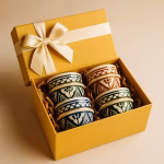 Yellow gift box with satin bow opened to reveal six Moroccan espresso cups nestled in kraft filling, ready for gifting.