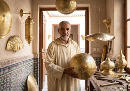Master Moroccan brass lamp artisan Abdul Jalil holding a polished copper lantern in his well-lit Souq Nhas workshop, Marrakesh.