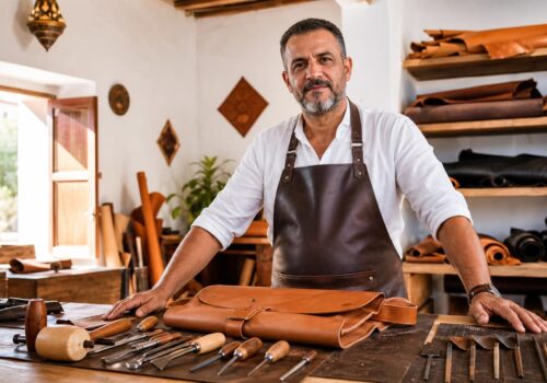 mar, master leather artisan of Marrakech, at his cedar workbench in a bright Bab Debbagh workshop