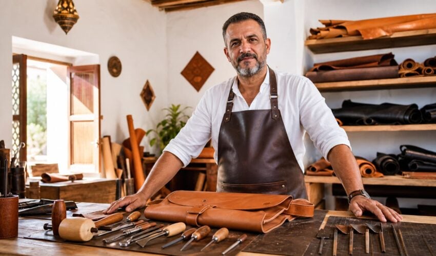 mar, master leather artisan of Marrakech, at his cedar workbench in a bright Bab Debbagh workshop