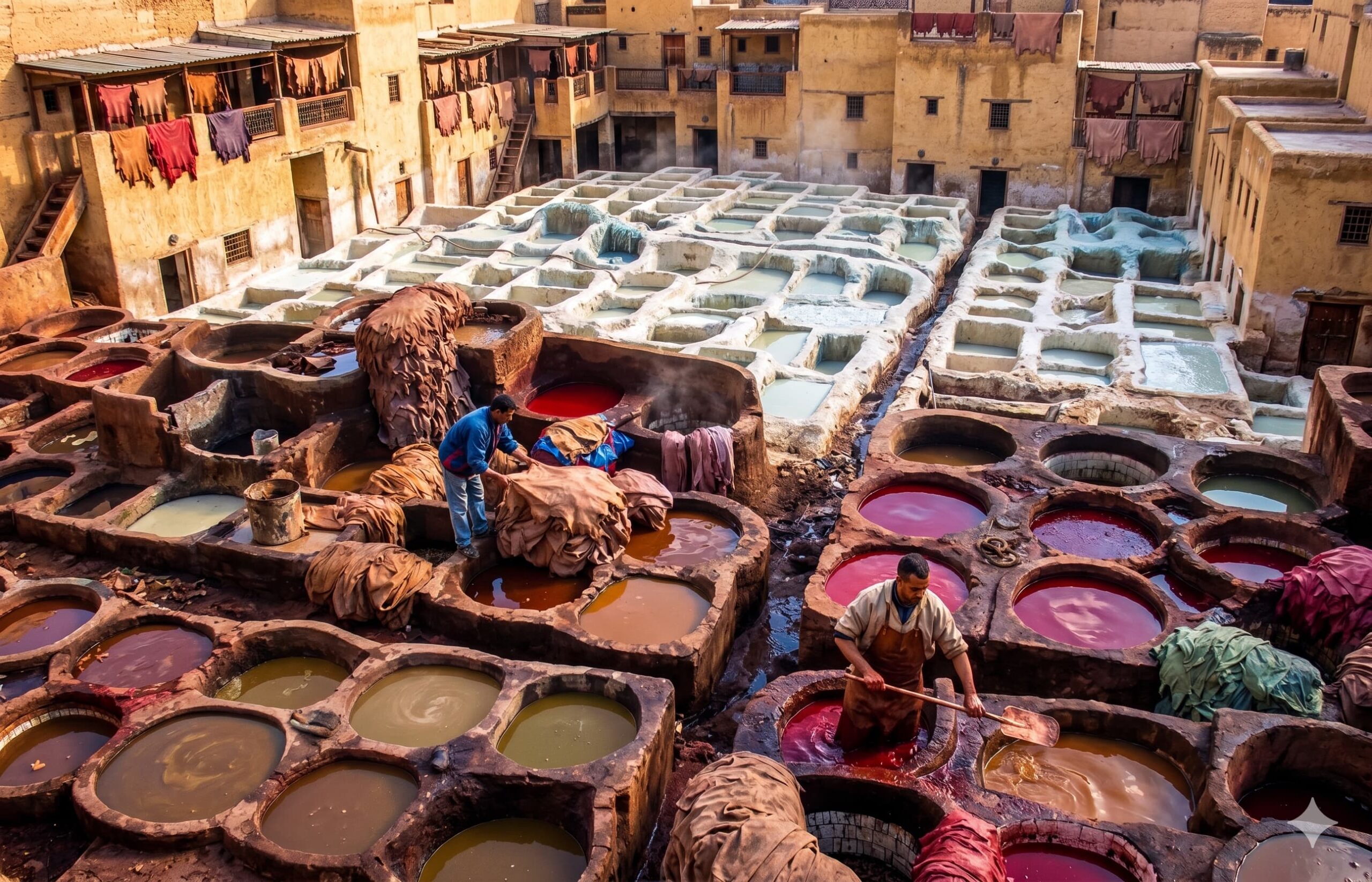 Aerial view of Bab Debbagh tannery vats in Marrakech filled with ochre, terracotta and indigo natural dyes