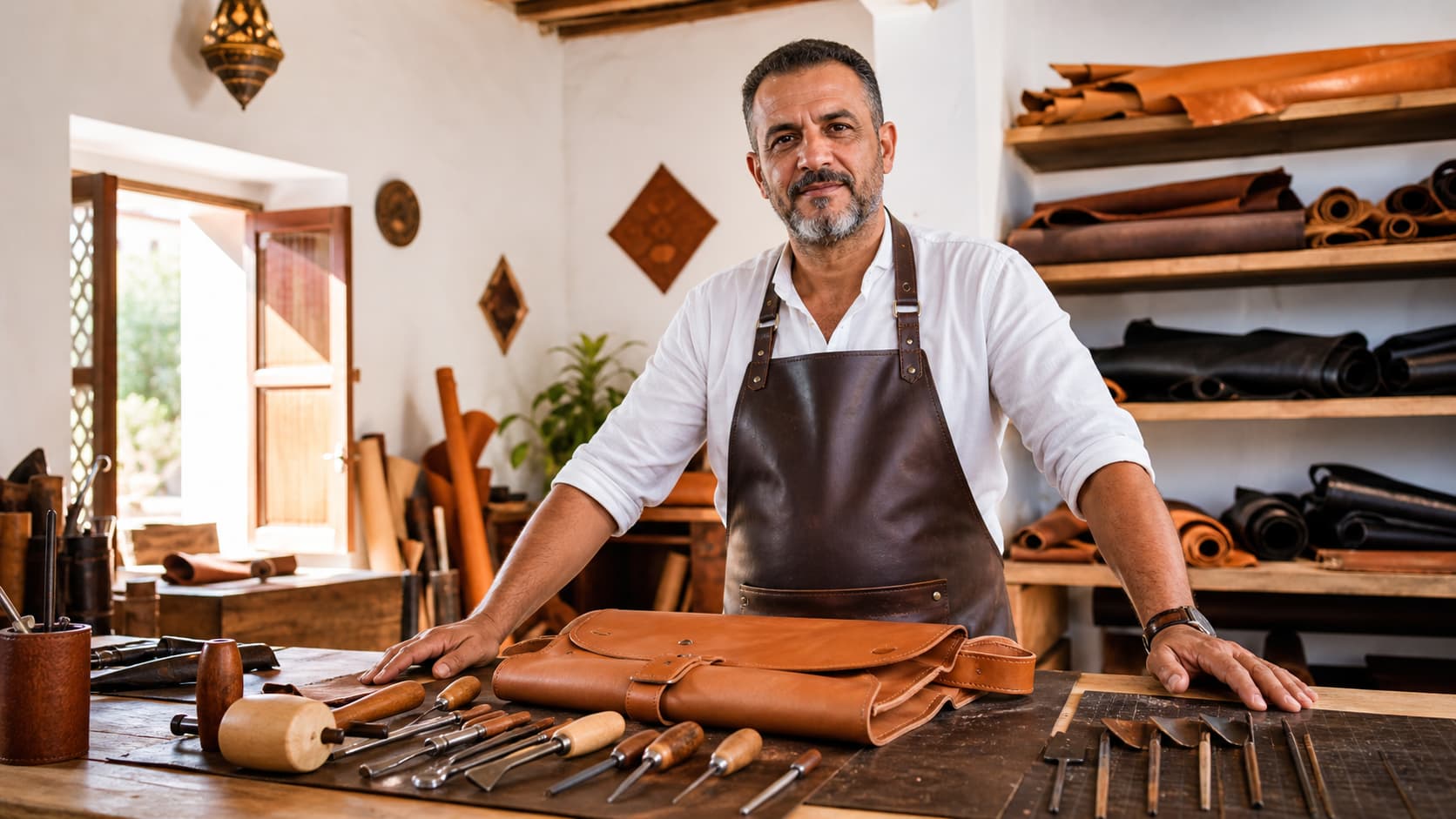 mar, master leather artisan of Marrakech, at his cedar workbench in a bright Bab Debbagh workshop