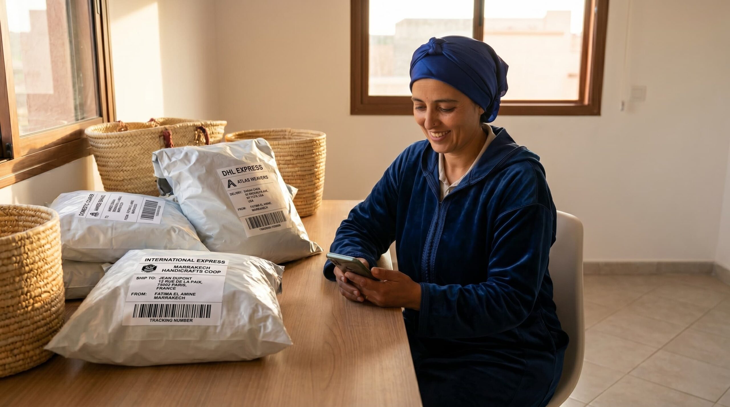 A smiling Moroccan straw artisan in a blue headwrap checking her smartphone while sitting next to packaged international express orders and woven baskets.