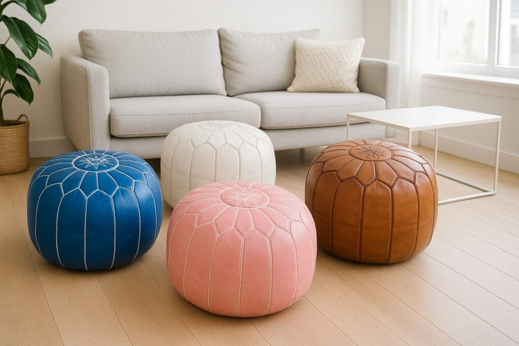 modern hero image featuring four Moroccan leather poufs in complementary colors