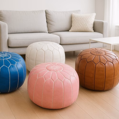 modern hero image featuring four Moroccan leather poufs in complementary colors