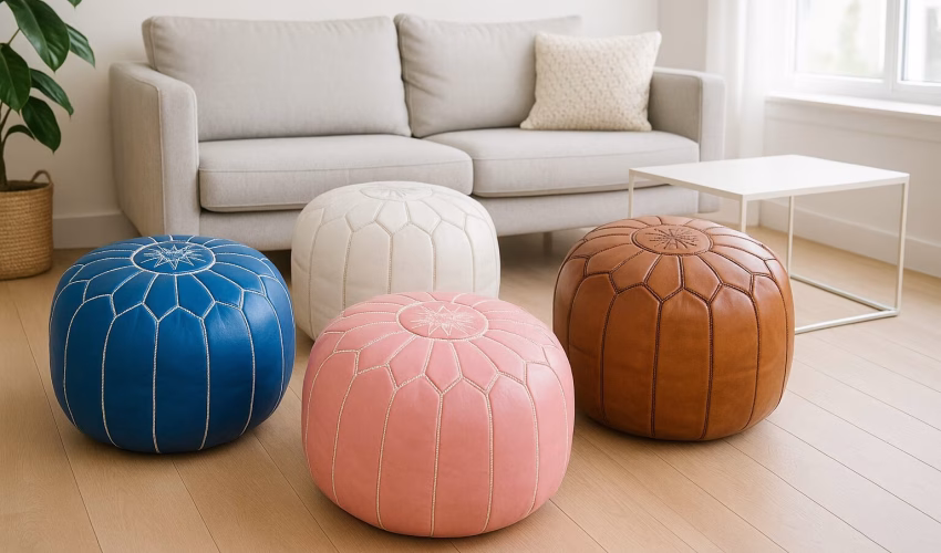 modern hero image featuring four Moroccan leather poufs in complementary colors