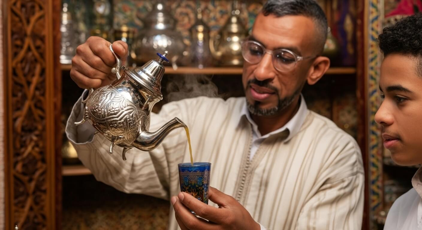Kamal’s Silver Shine: A Moroccan Artisan’s Journey to Joy Through Craft Moroccan artisan Kamal from Marrakeche Crafts, wearing glasses, pours steaming tea from an ornate, engraved silverplated teapot into a traditional blue and gold tea glass, as a young man watches intently.
