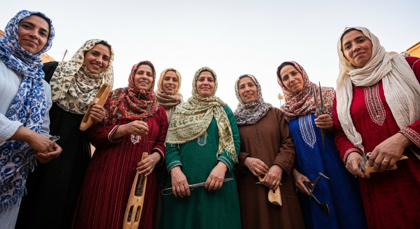 A low-angle group portrait of seven Beni Ourain rug weavers, smiling and holding their weaving tools, including shuttles and combs.