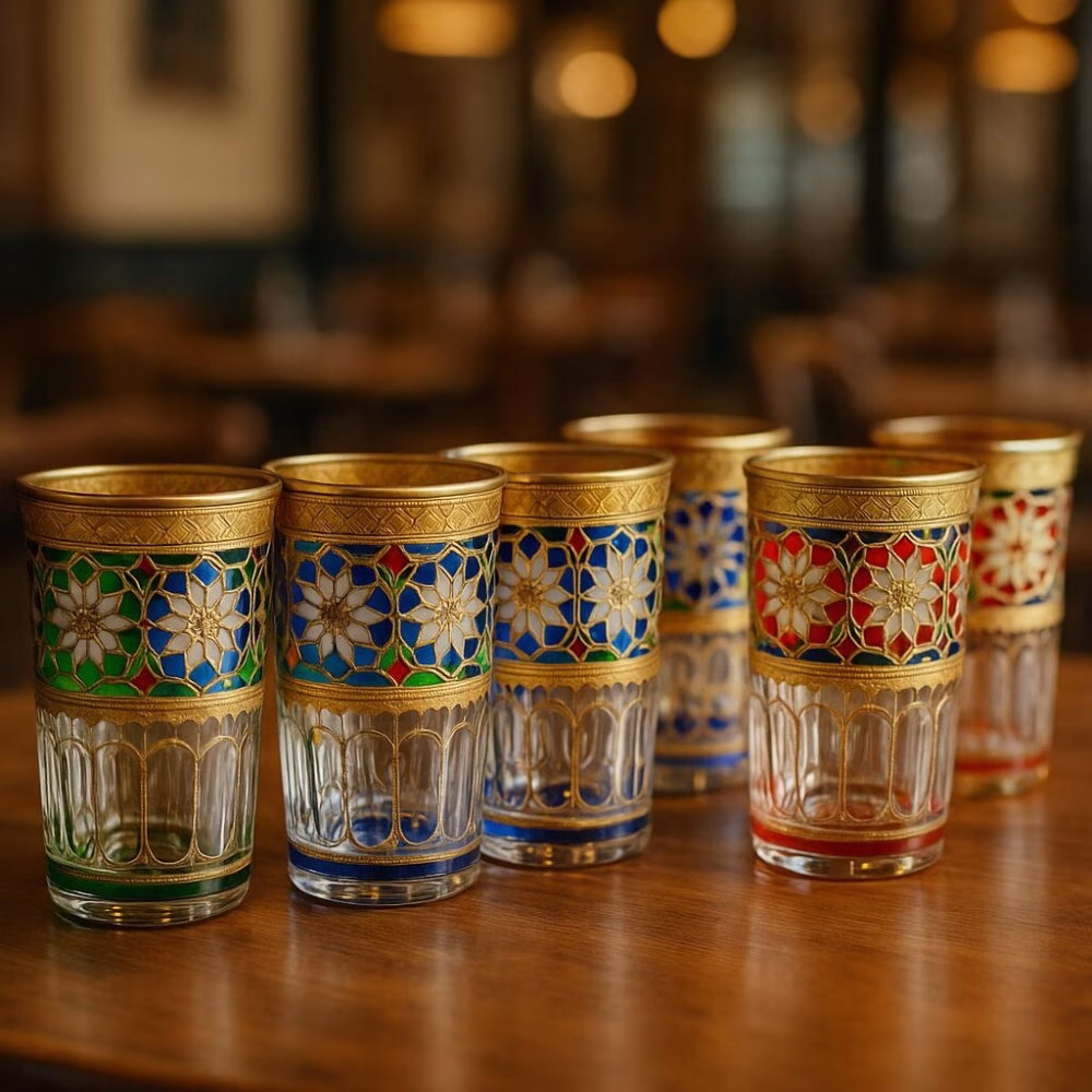 Close-up of a multicolor tea glasses set with intricate gold lattice resting on a wooden café table.