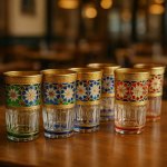 Hand-painted tea glasses with ornate floral motifs and gold detailing displayed on wooden table with Moroccan teapot