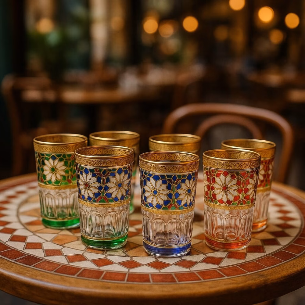 Colorful tea glasses set arranged on a zellige-tiled patio table in a Marrakech café setting.