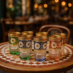 Colorful tea glasses set arranged on a zellige-tiled patio table in a Marrakech café setting.